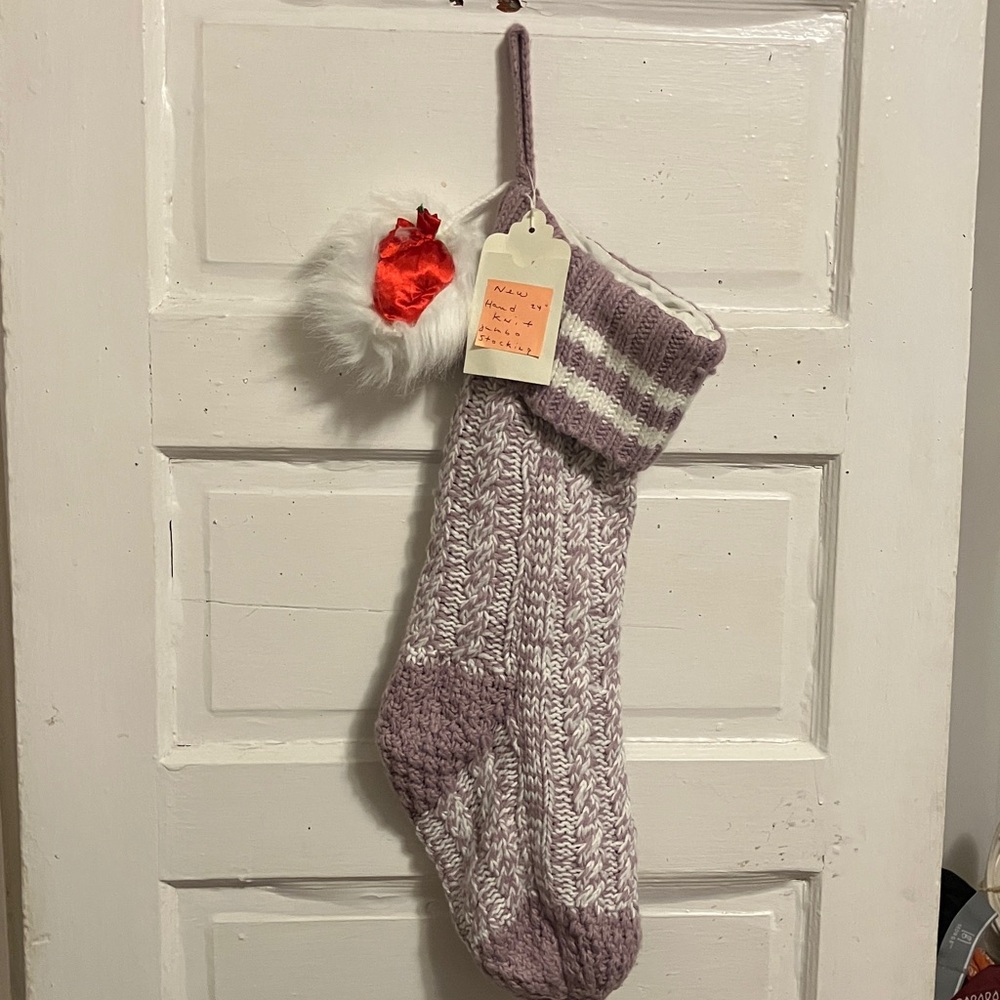 Brand new.  Jumbo hand knit 24” stocking with mauve n white n red berry Pom Pom